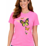 100% COTTON , WOMENS ROUND NECK , HALF SLEEVE, MULTI BUTTER FLY PRINTED , BIO WASH